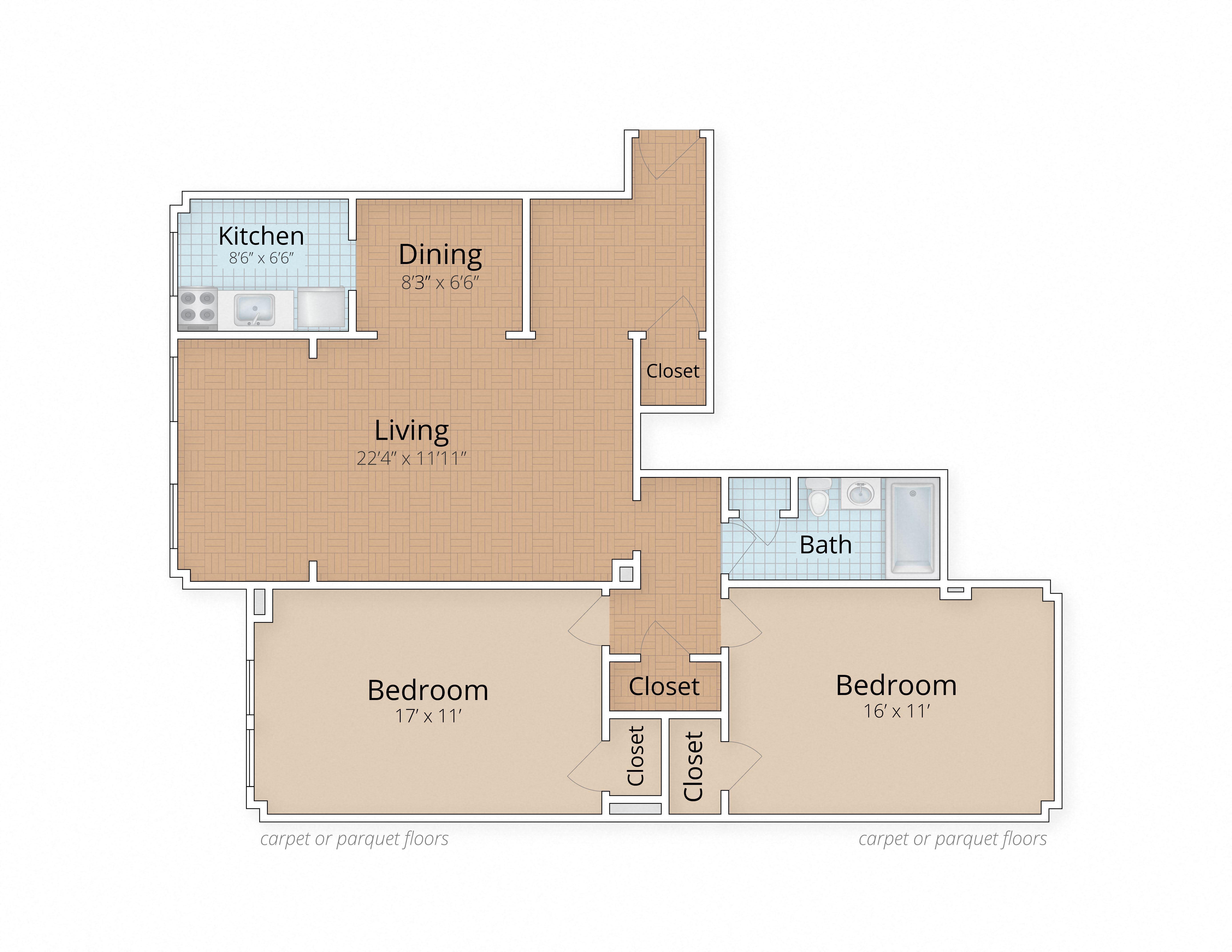 Floor plan for 2 beds, 1 bath, 1124 sqft